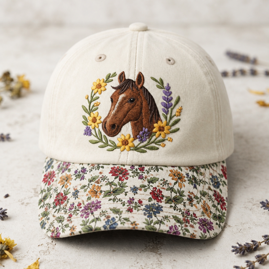 Horse Portrait Wildflower Floral Wreath Sunflower Lavender Embroidered Floral & Leopard Brim Hat