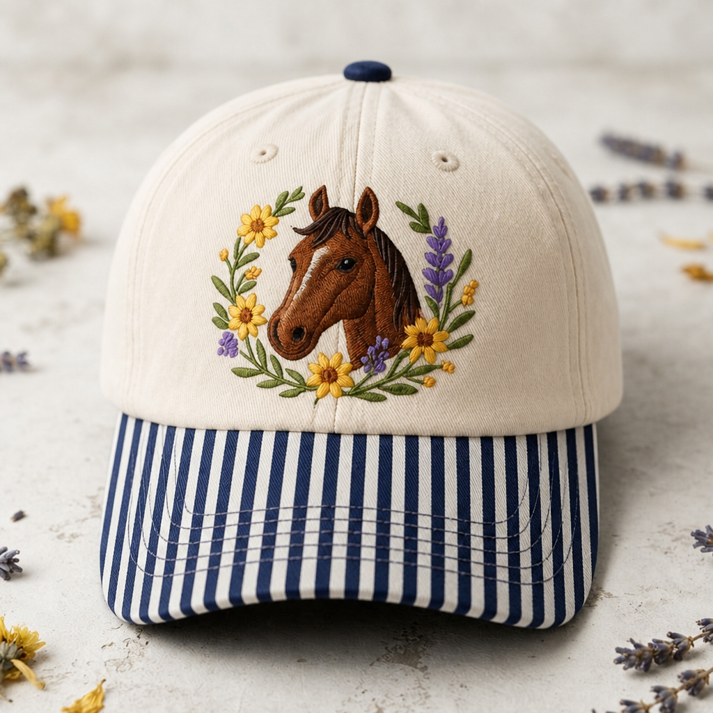 Horse Portrait Wildflower Floral Wreath Sunflower Lavender Embroidered Gingham & Stripe Brim Hat