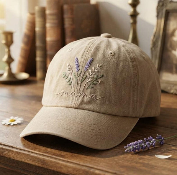 Personalized Mama Lavender Botanical Wildflower Bouquet Embroidered Hat — Washed Hat