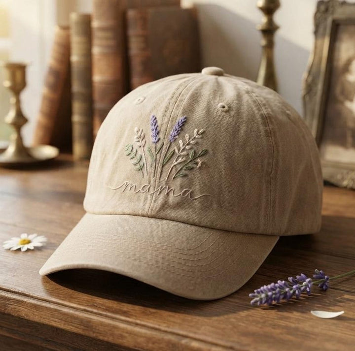 Personalized Mama Lavender Botanical Wildflower Bouquet Embroidered Hat — Washed Hat