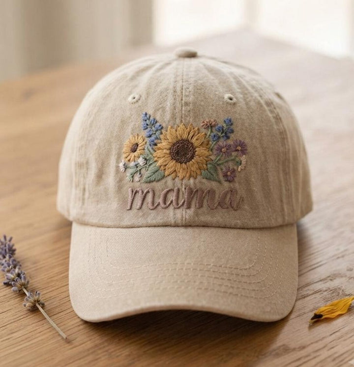 Personalized Mama Sunflower Wildflower Floral Bouquet Embroidered Hat — Washed Hat