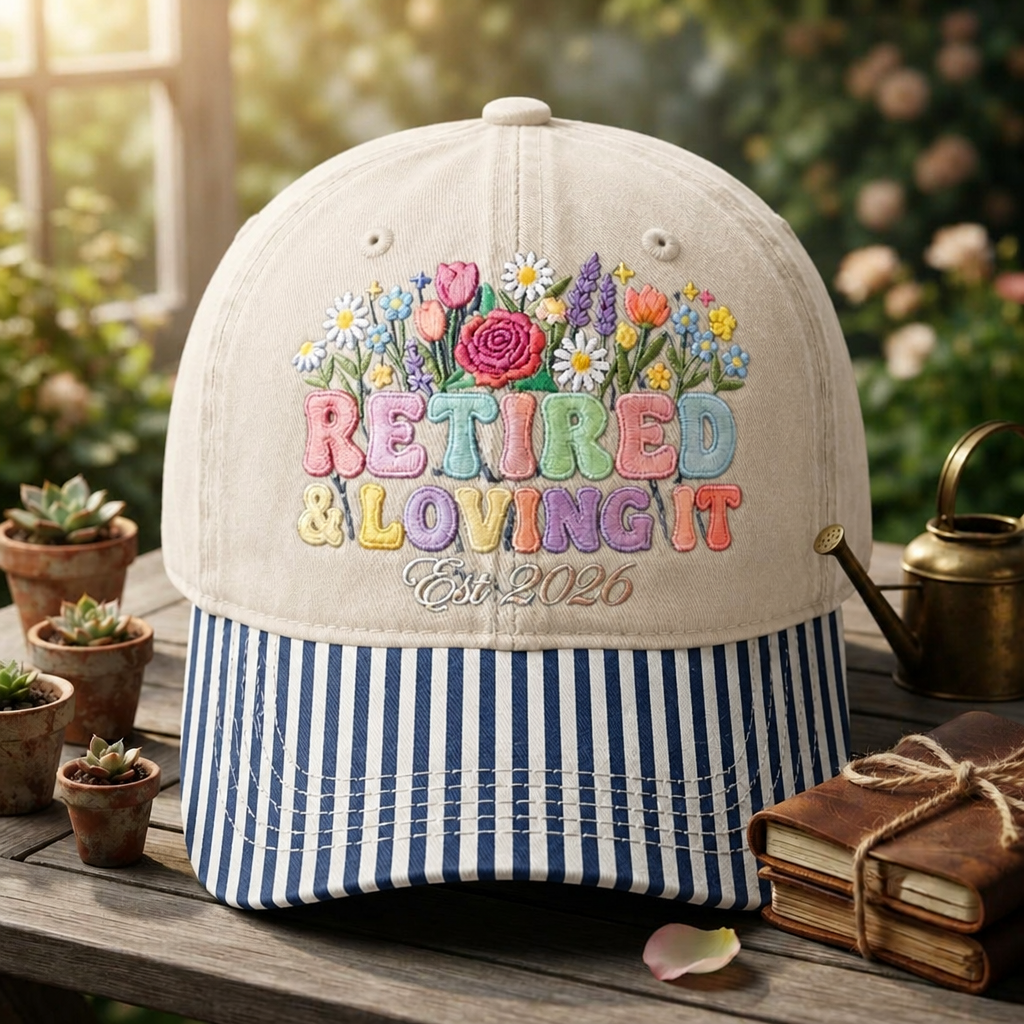 Personalized Retired & Loving It Wildflower Floral Retirement Year Embroidered Gingham & Stripe Brim Hat