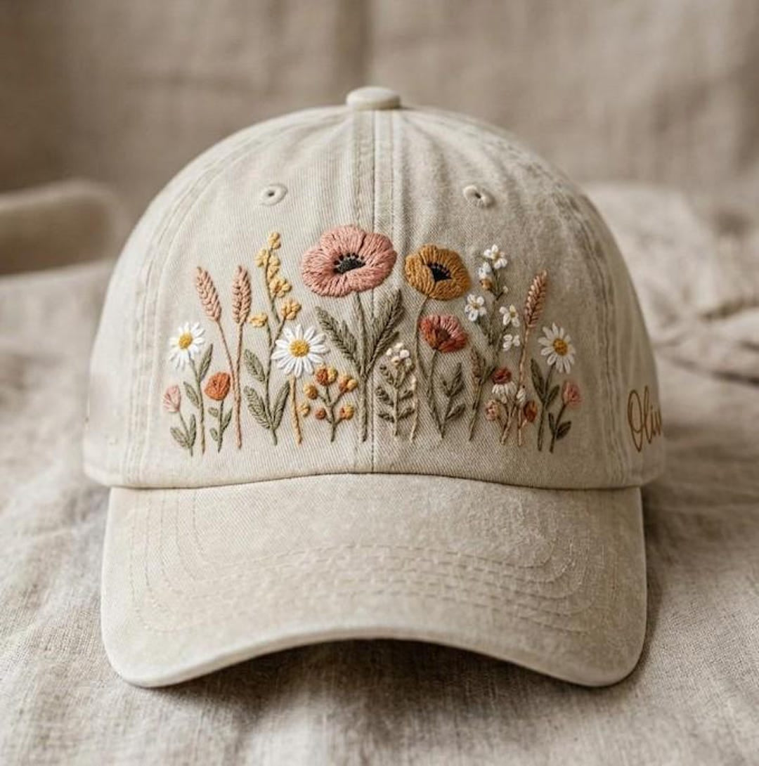 Personalized Wildflower Botanical Garden Daisy Poppy Floral Custom Name Embroidered Hat — Washed Hat