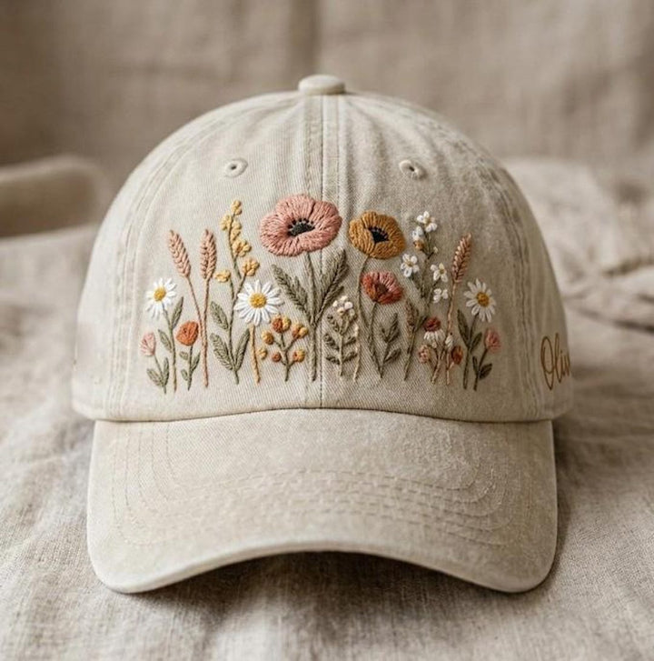 Personalized Wildflower Botanical Garden Daisy Poppy Floral Custom Name Embroidered Hat — Washed Hat