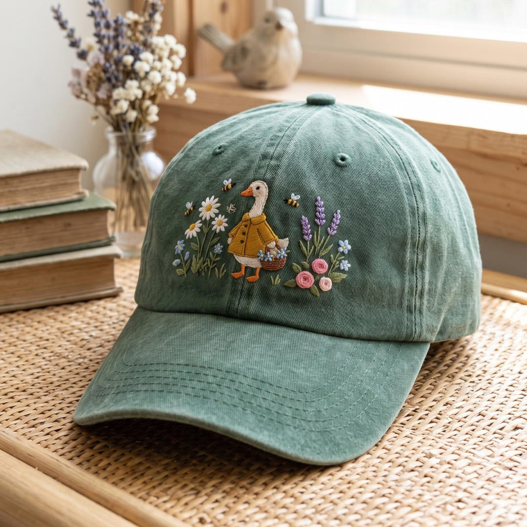 Cottagecore Goose Wildflower Garden Daisy Lavender Bee Embroidered Hat — Washed Hat