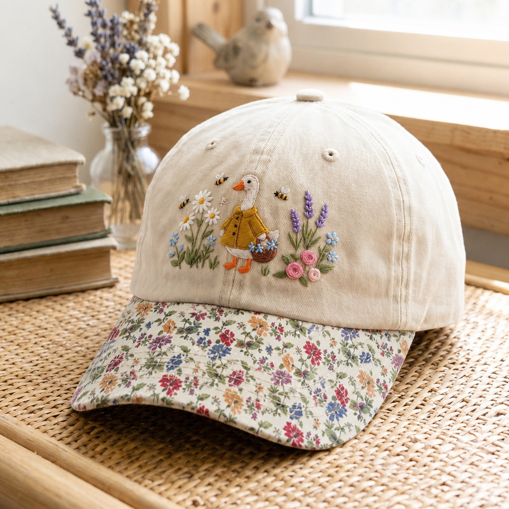 Cottagecore Goose Wildflower Garden Daisy Lavender Bee Embroidered Floral & Leopard Brim Hat