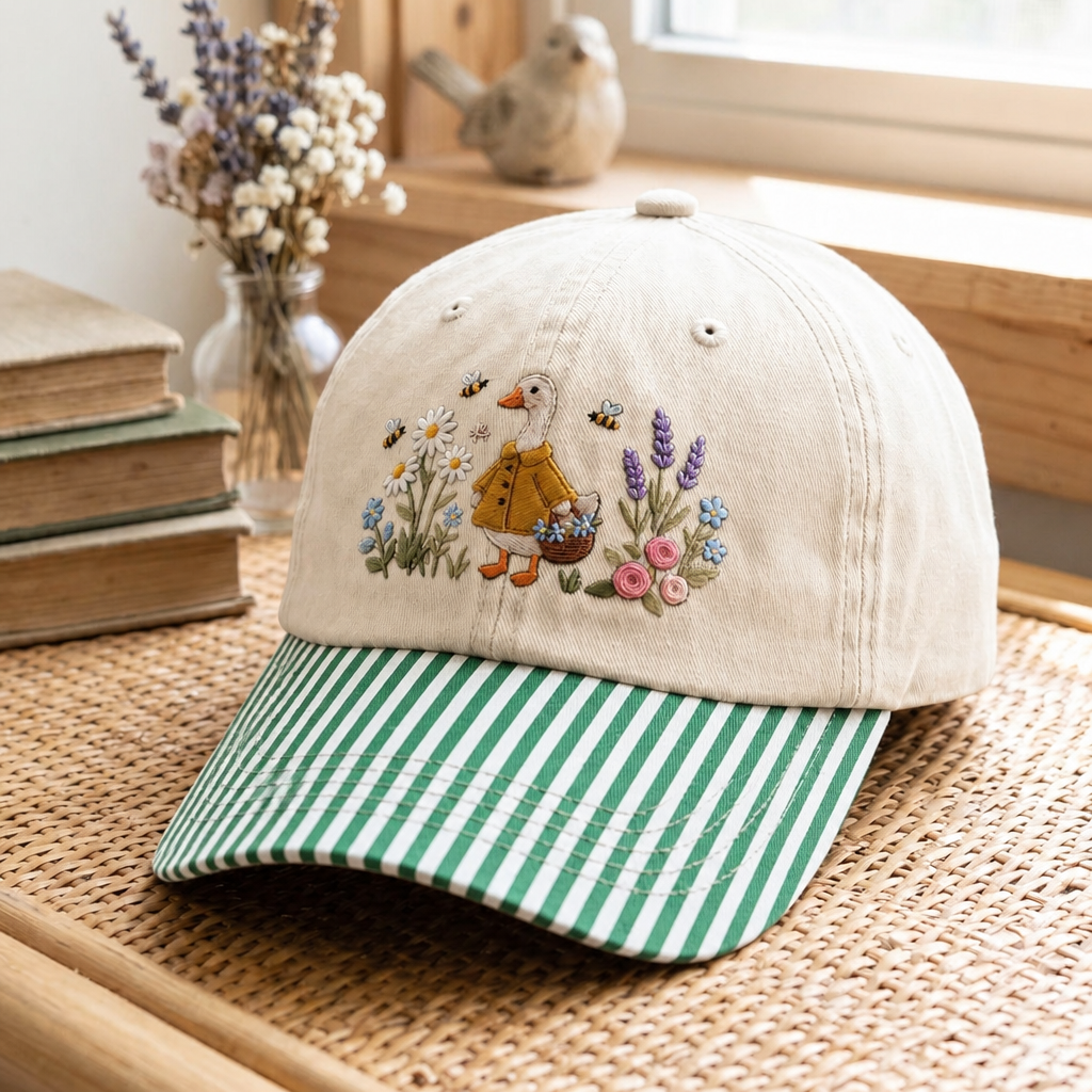 Cottagecore Goose Wildflower Garden Daisy Lavender Bee Embroidered Gingham & Stripe Brim Hat