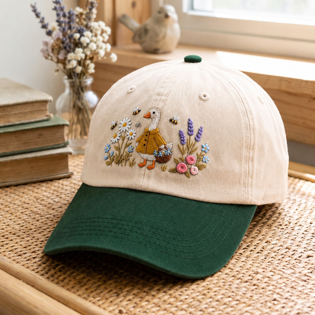 Cottagecore Goose Wildflower Garden Daisy Lavender Bee Embroidered Two-Tone Hat