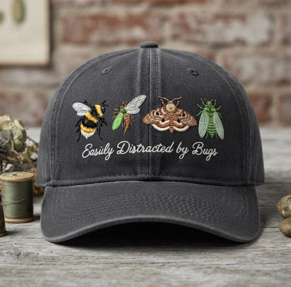 Easily Distracted by Bugs Bumblebee Moth Cicada Insect Embroidered Hat — Washed Hat
