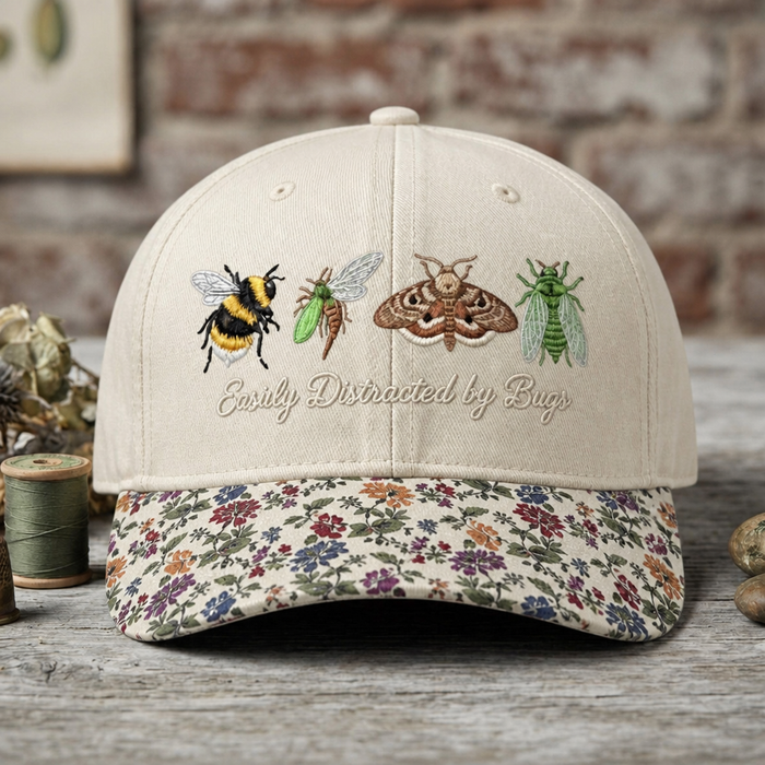 Easily Distracted by Bugs Bumblebee Moth Cicada Insect Embroidered Floral & Leopard Brim Hat