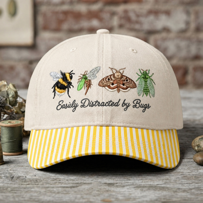 Easily Distracted by Bugs Bumblebee Moth Cicada Insect Embroidered Gingham & Stripe Brim Hat
