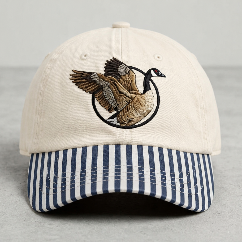 Canada Goose Flying Wings Wildlife Bird Watcher Embroidered Gingham & Stripe Brim Hat