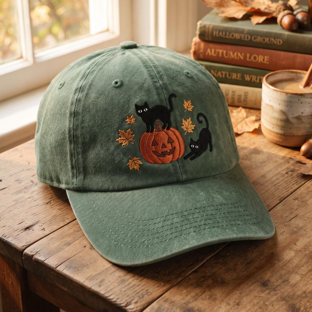 Halloween Black Cats Jack-o-Lantern Pumpkin Autumn Maple Leaves Embroidered Hat — Washed Hat