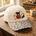 Halloween Black Cats Jack-o-Lantern Pumpkin Autumn Maple Leaves Embroidered Floral & Leopard Brim Hat