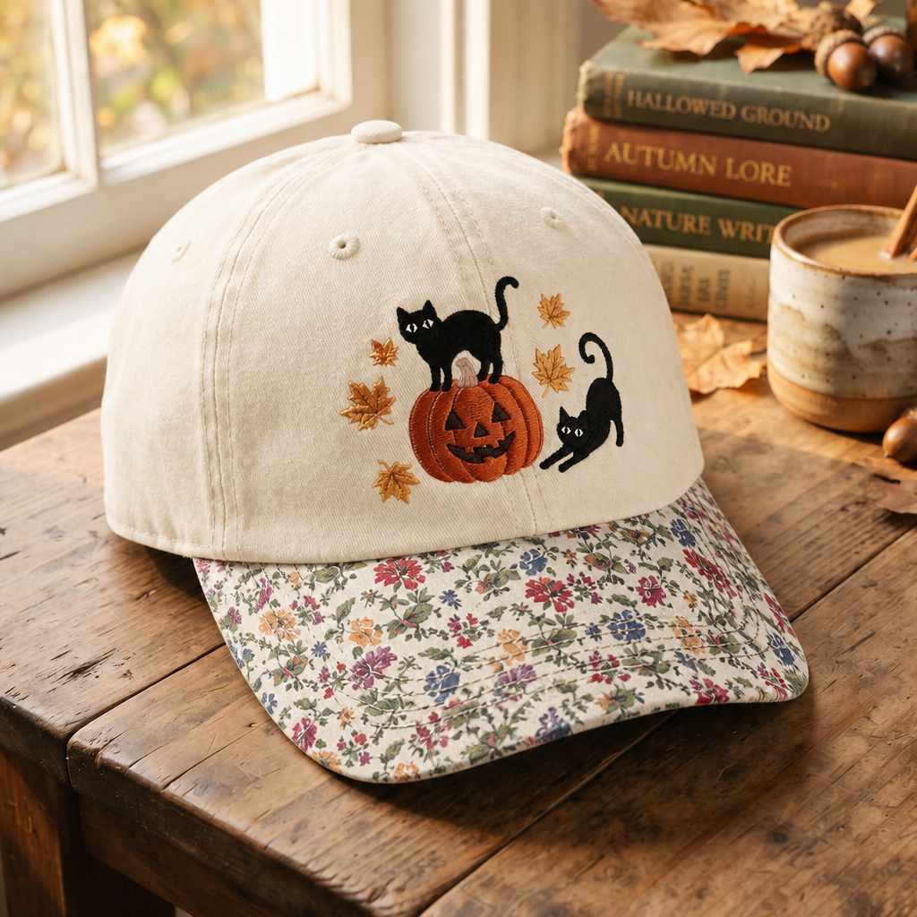 Halloween Black Cats Jack-o-Lantern Pumpkin Autumn Maple Leaves Embroidered Floral & Leopard Brim Hat