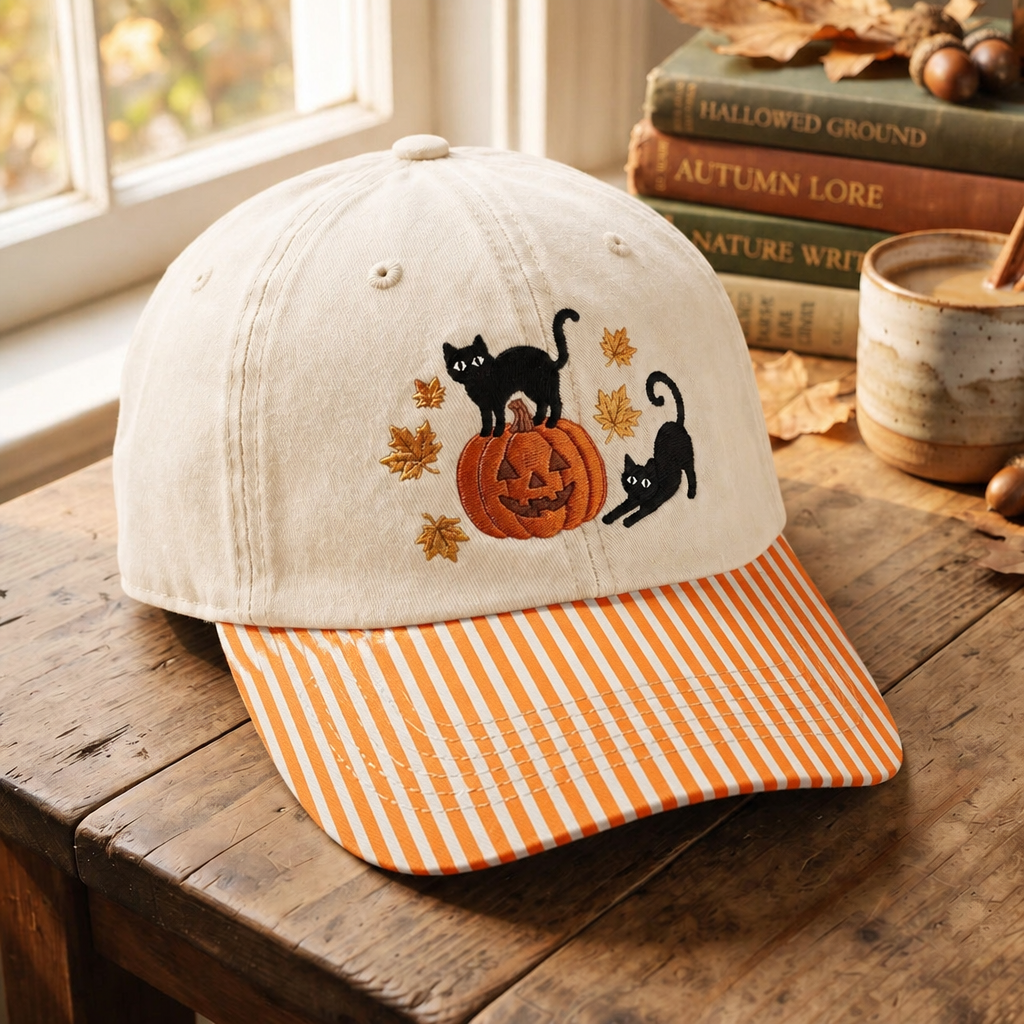 Halloween Black Cats Jack-o-Lantern Pumpkin Autumn Maple Leaves Embroidered Gingham & Stripe Brim Hat
