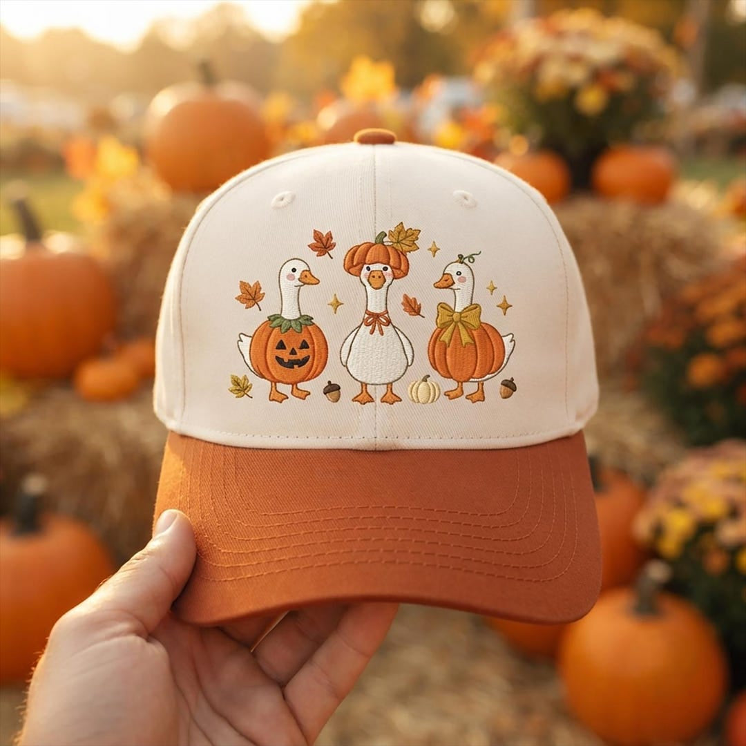 Halloween Fall Three Geese Pumpkin Costume Acorn Autumn Leaves Embroidered Hat — Baseball Cap