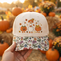 Halloween Fall Three Geese Pumpkin Costume Acorn Autumn Leaves Embroidered Floral & Leopard Brim Hat