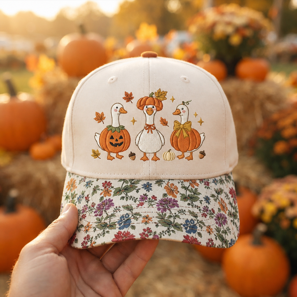 Halloween Fall Three Geese Pumpkin Costume Acorn Autumn Leaves Embroidered Floral & Leopard Brim Hat