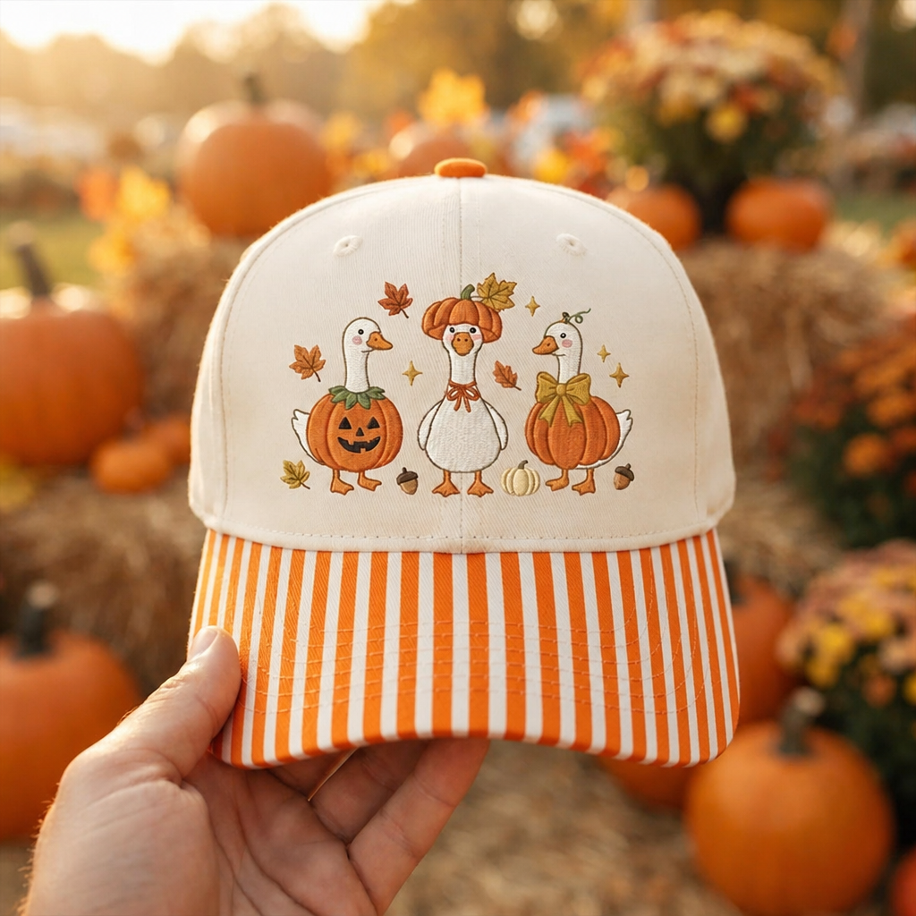 Halloween Fall Three Geese Pumpkin Costume Acorn Autumn Leaves Embroidered Gingham & Stripe Brim Hat