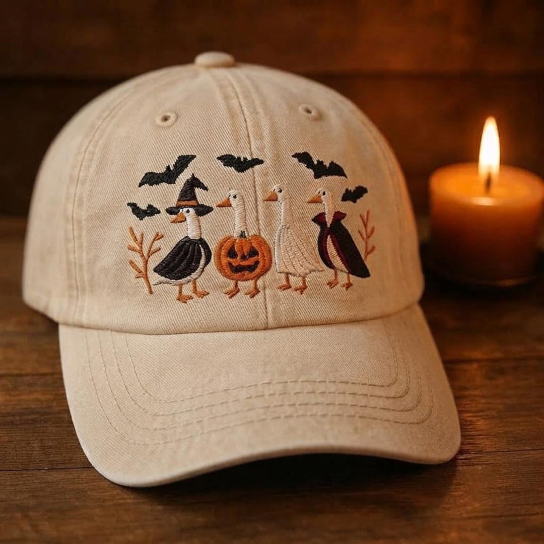 Halloween Geese Witch Vampire Pumpkin Jack-o-Lantern Bats Spooky Embroidered Hat — Washed Hat