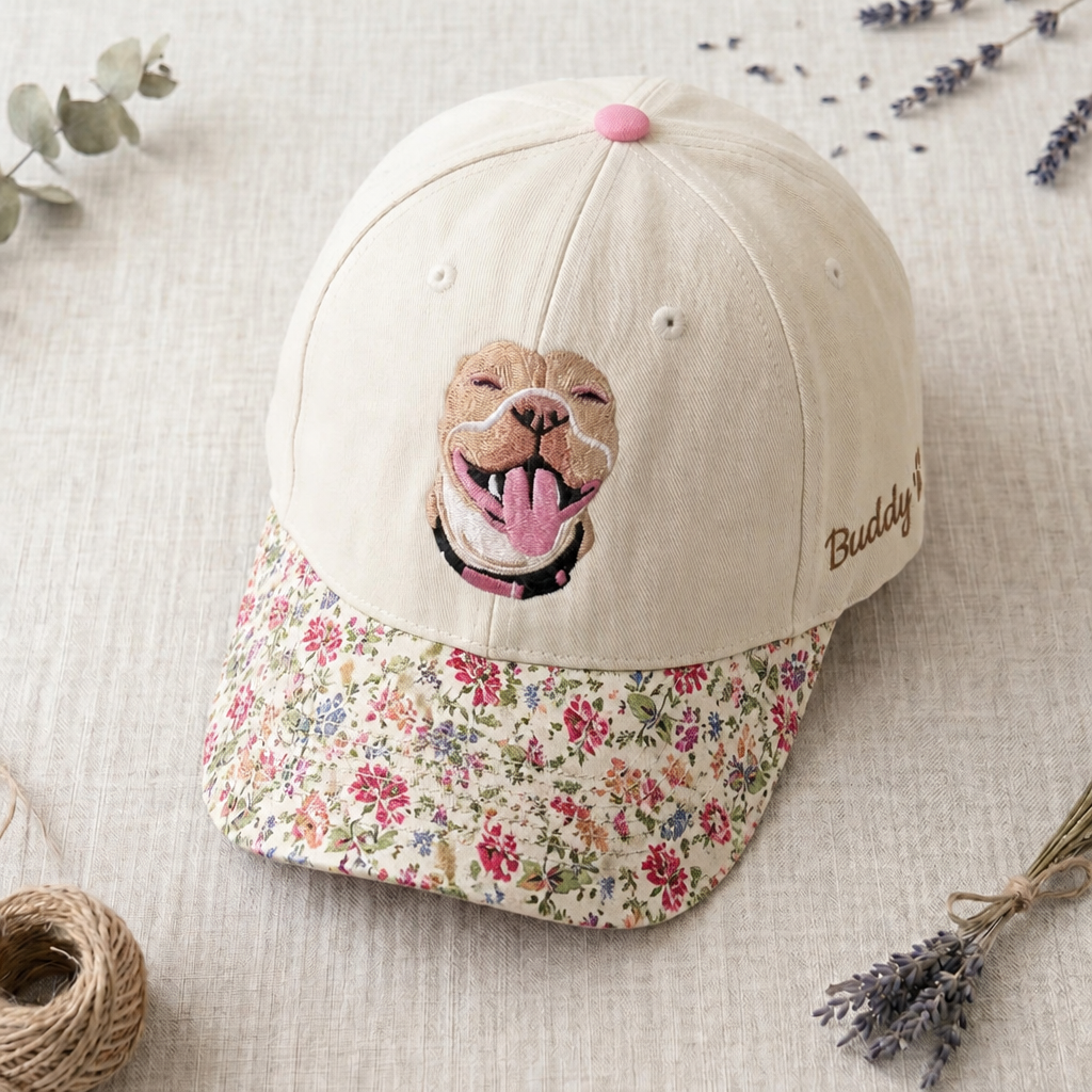 Personalized Custom Pet Portrait Smiling Dog Embroidered Floral & Leopard Brim Hat