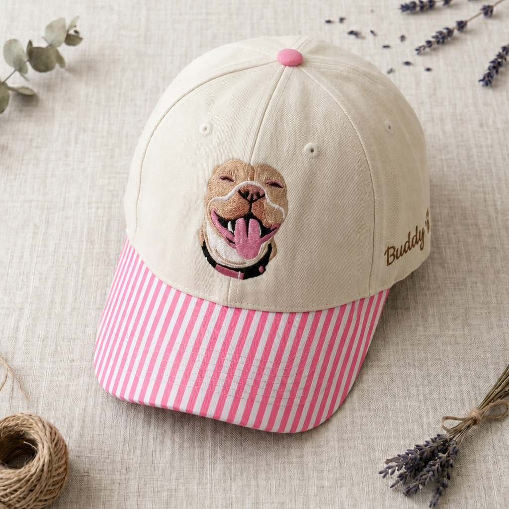 Personalized Custom Pet Portrait Smiling Dog Embroidered Gingham & Stripe Brim Hat