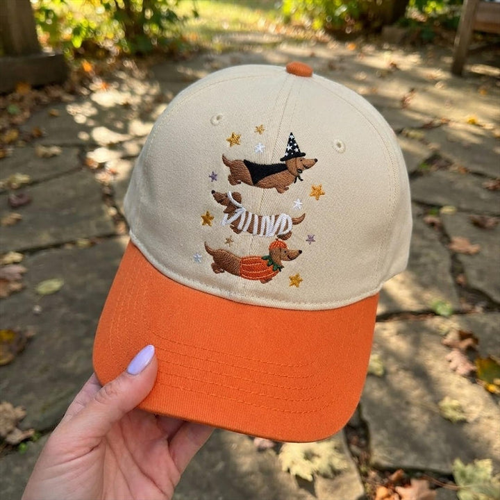 Halloween Dachshund Wiener Dog Costumes Witch Candy Corn Pumpkin Stars Embroidered Hat — Baseball Cap