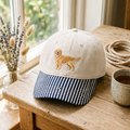 Golden Retriever Dog Embroidered Gingham & Stripe Brim Hat