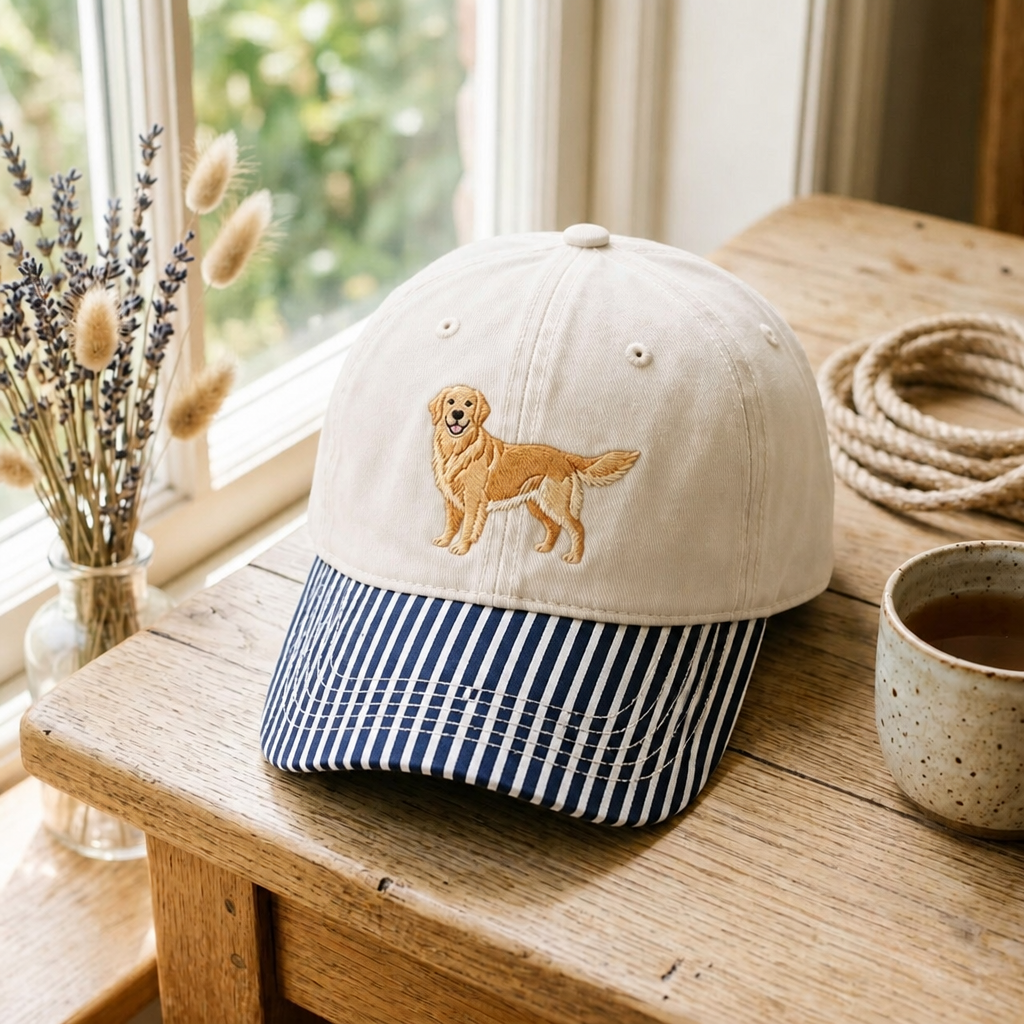 Golden Retriever Dog Embroidered Gingham & Stripe Brim Hat