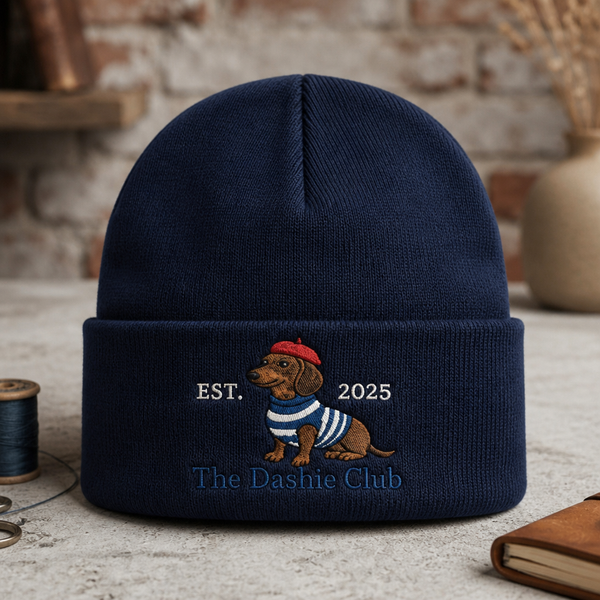 Dachshund French Beret Striped Sweater EST 2025 The Dashie Club Embroidered Beanie