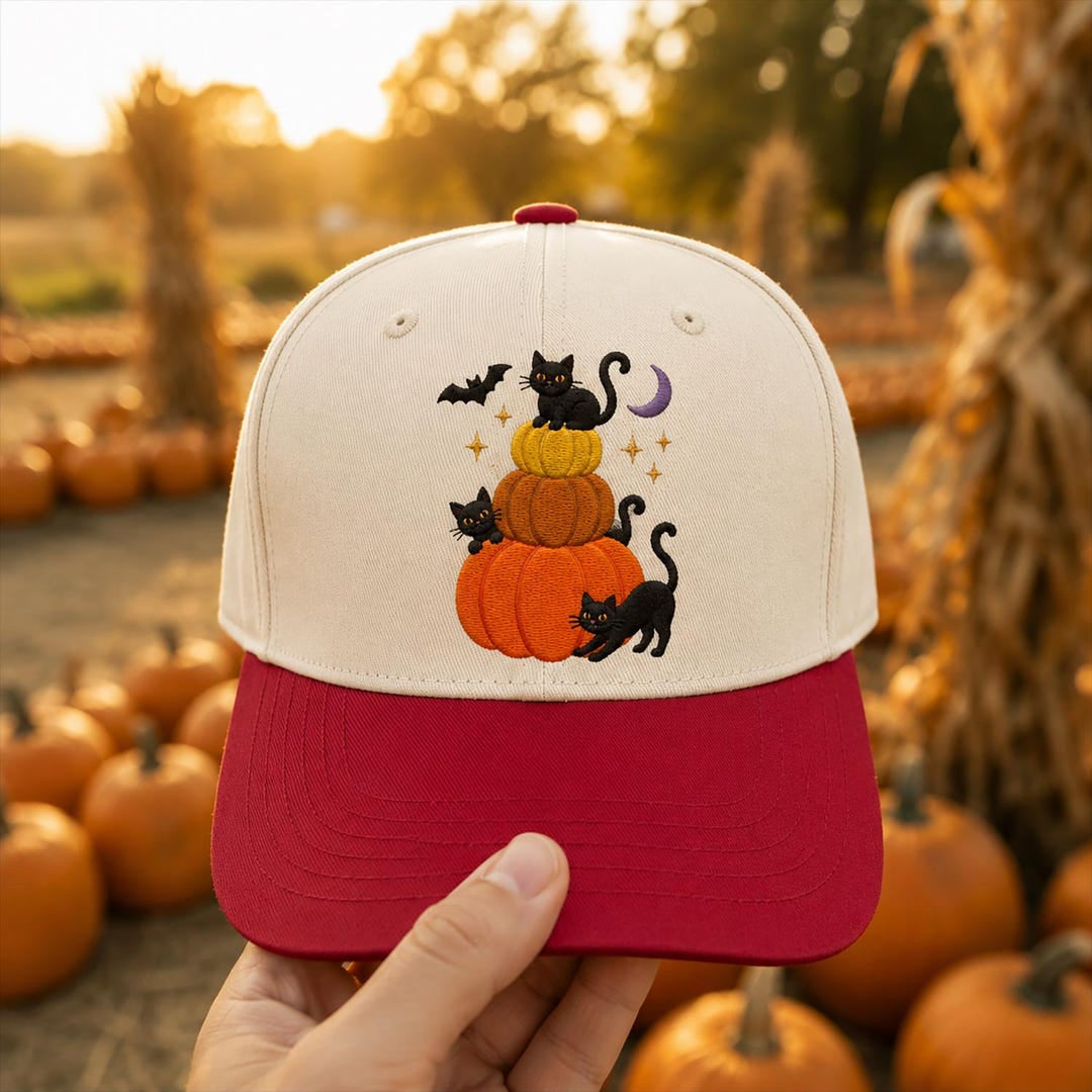 Halloween Black Cat Pumpkin Stack Bat Moon Stars embroidered two-tone hat — front view