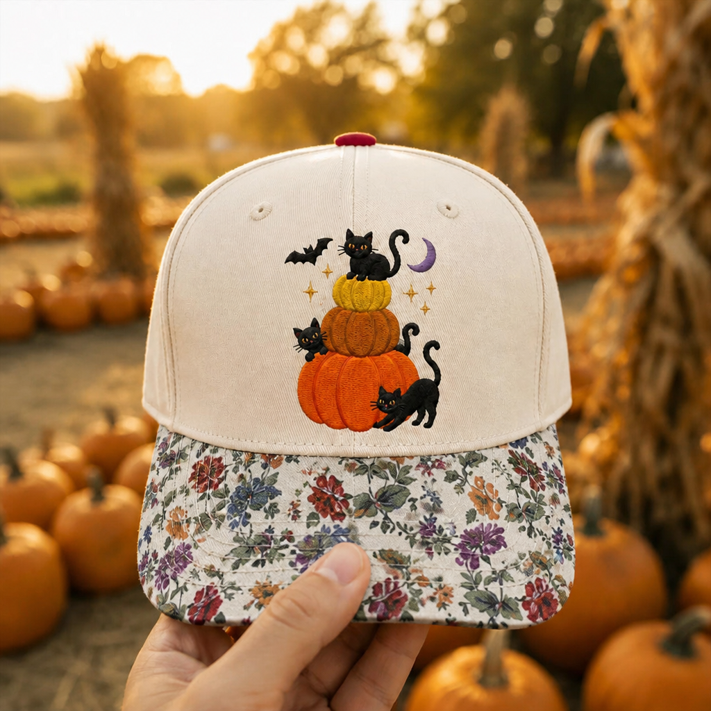 Halloween Black Cat Pumpkin Stack Bat Moon Stars Embroidered Floral & Leopard Brim Hat