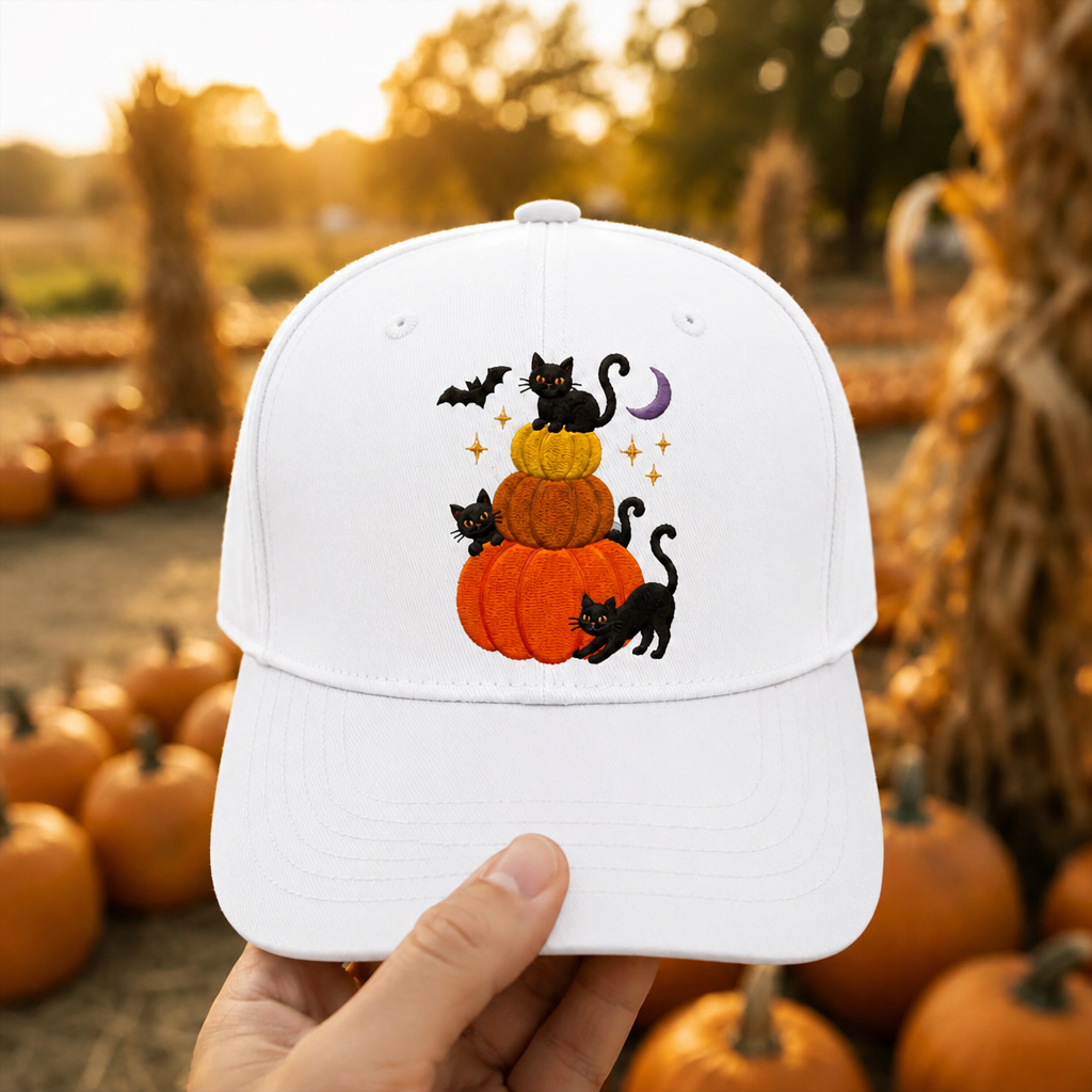 Halloween Black Cat Pumpkin Stack Bat Moon Stars Embroidered Hat