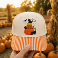 Halloween Black Cat Pumpkin Stack Bat Moon Stars Embroidered Gingham & Stripe Brim Hat