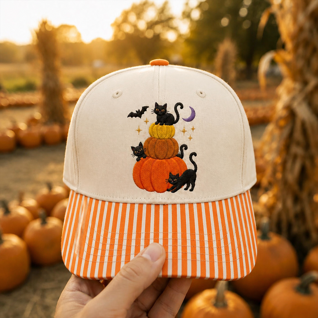Halloween Black Cat Pumpkin Stack Bat Moon Stars Embroidered Gingham & Stripe Brim Hat