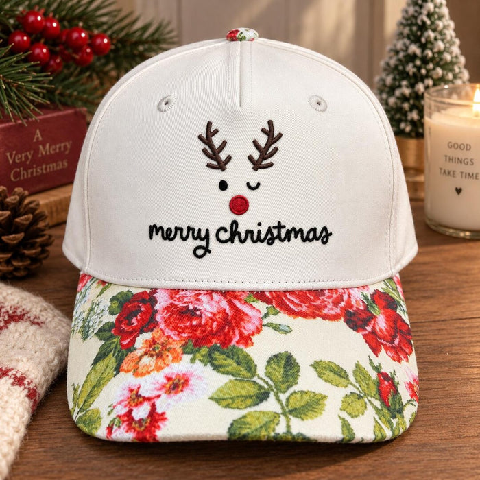 Christmas Reindeer Rudolph Antlers Red Nose Merry Christmas Embroidered Hat