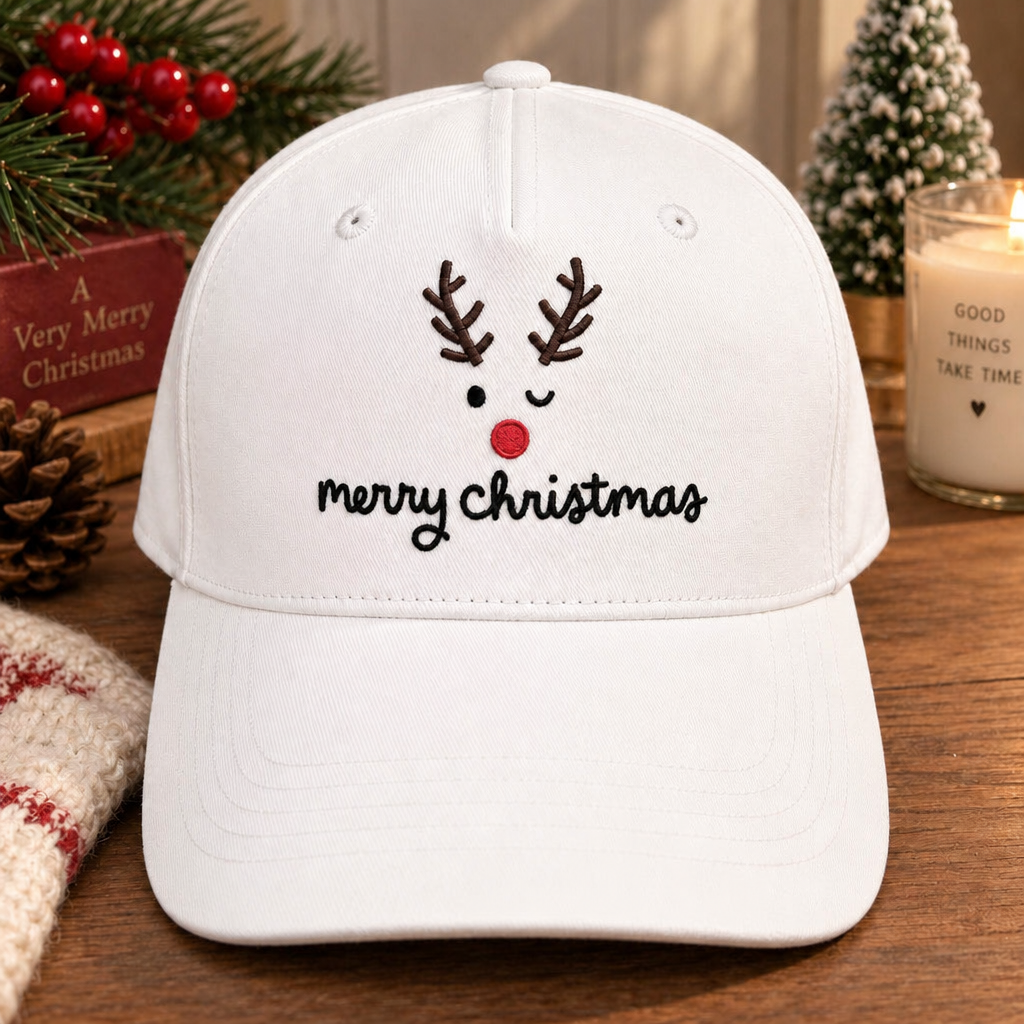 Christmas Reindeer Rudolph Antlers Red Nose Merry Christmas Embroidered Hat
