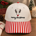 Christmas Reindeer Rudolph Antlers Red Nose Merry Christmas Embroidered Gingham & Stripe Brim Hat