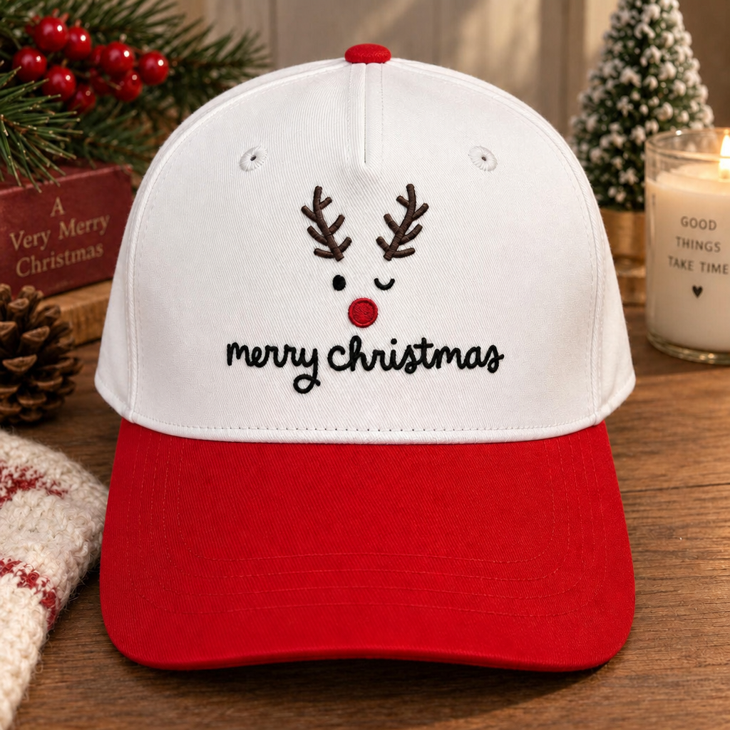Christmas Reindeer Rudolph Antlers Red Nose Merry Christmas Embroidered Two-Tone Hat