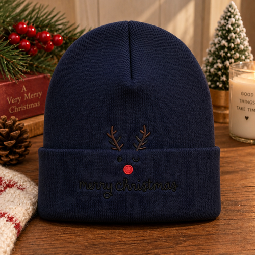 Christmas Reindeer Rudolph Antlers Red Nose Merry Christmas Embroidered Beanie