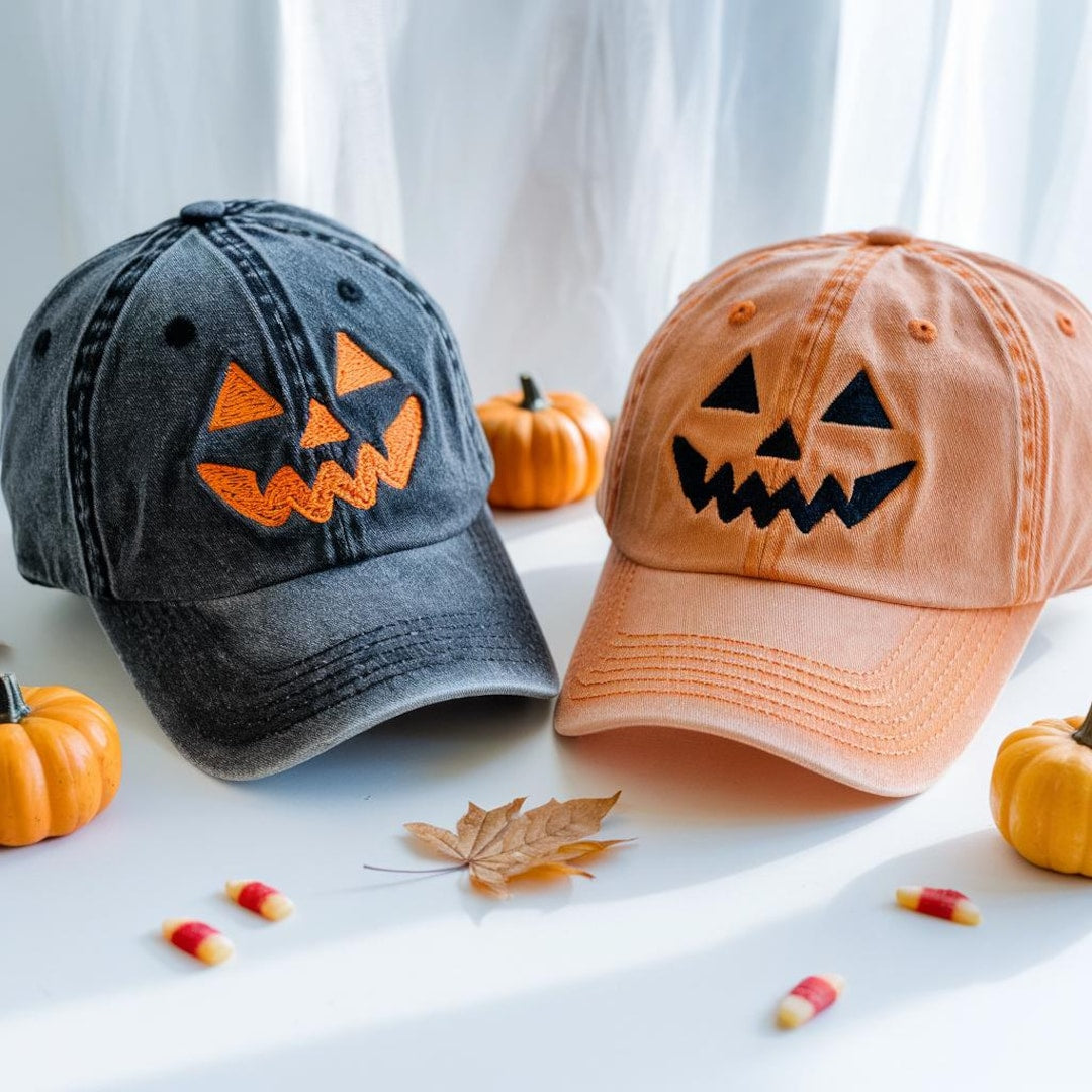 Halloween Jack-O-Lantern Scary Pumpkin Face Embroidered Hat — Washed Hat