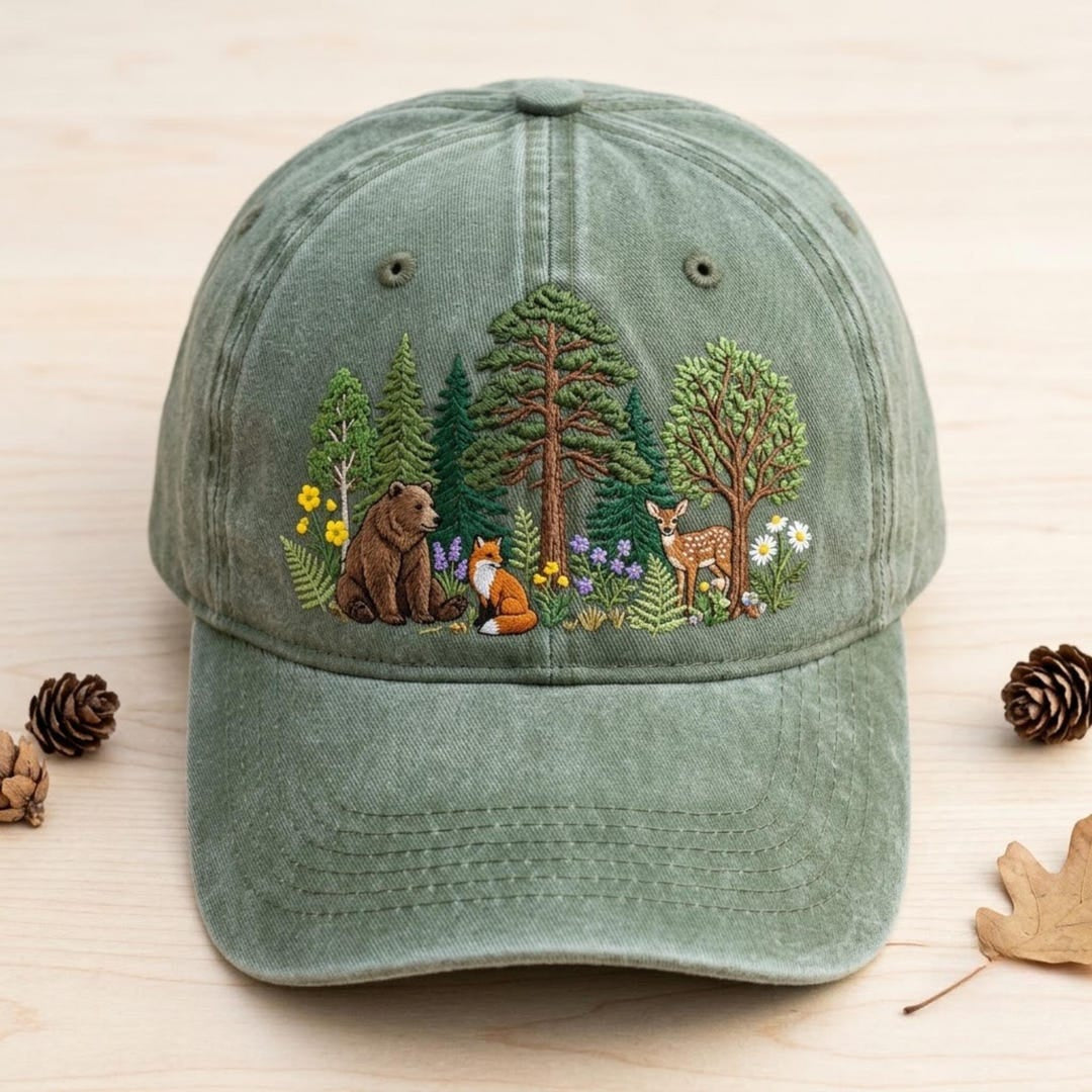 Forest Wildlife Bear Fox Deer Wildflowers Trees Nature Embroidered Hat — Washed Hat