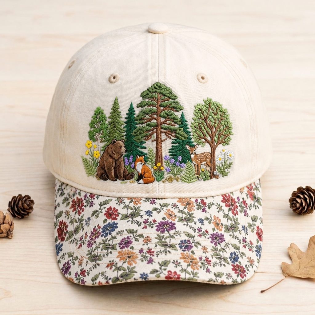 Forest Wildlife Bear Fox Deer Wildflowers Trees Nature Embroidered Floral & Leopard Brim Hat