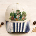 Forest Wildlife Bear Fox Deer Wildflowers Trees Nature Embroidered Gingham & Stripe Brim Hat
