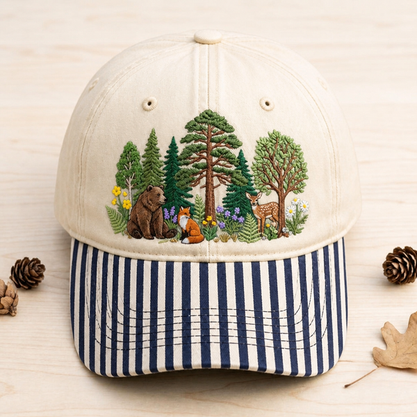 Forest Wildlife Bear Fox Deer Wildflowers Trees Nature Embroidered Gingham & Stripe Brim Hat