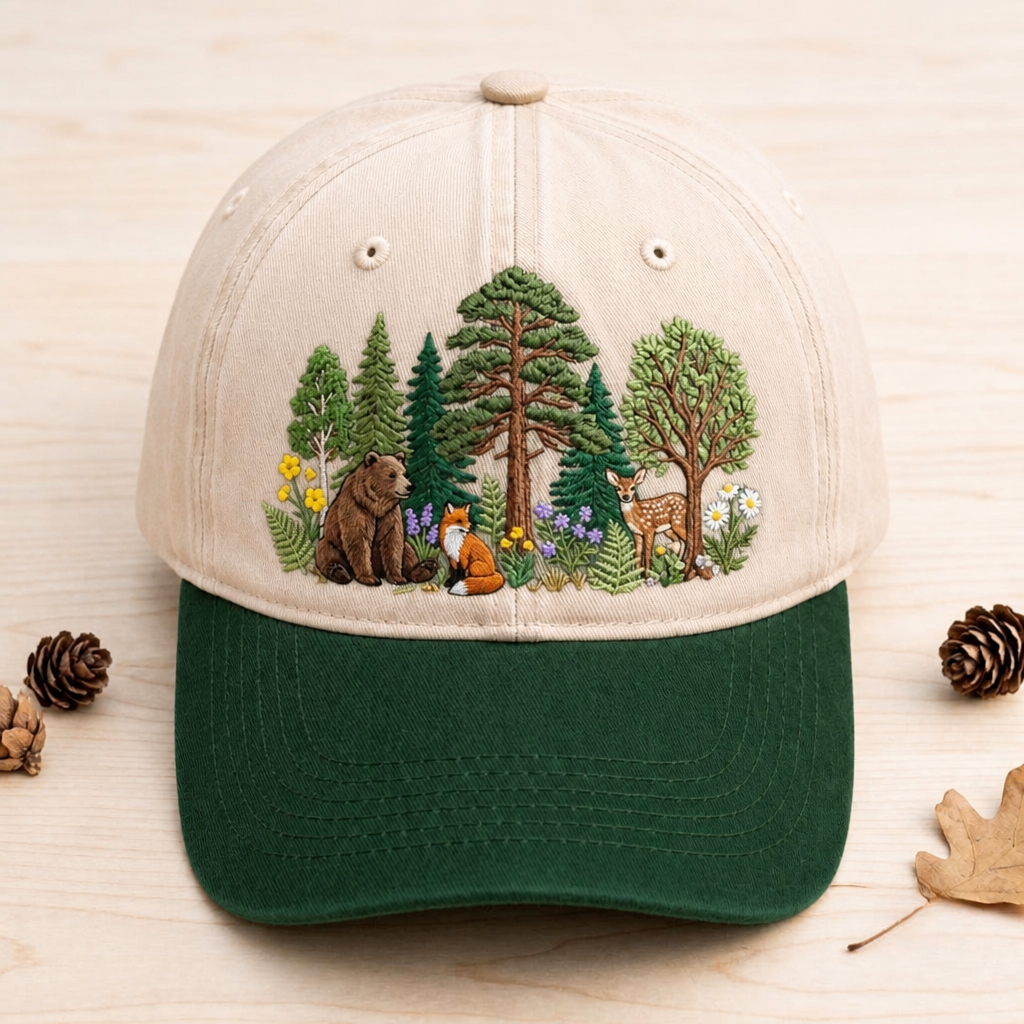 Forest Wildlife Bear Fox Deer Wildflowers Trees Nature Embroidered Two-Tone Hat