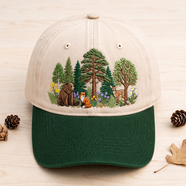 Forest Wildlife Bear Fox Deer Wildflowers Trees Nature Embroidered Two-Tone Hat
