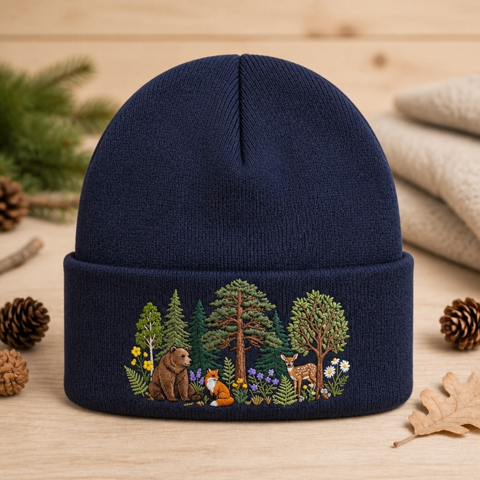 Forest Wildlife Bear Fox Deer Wildflowers Trees Nature Embroidered Beanie