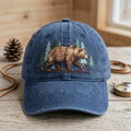 Grizzly Bear Forest Pine Trees Nature Outdoor Embroidered Hat — Washed Hat
